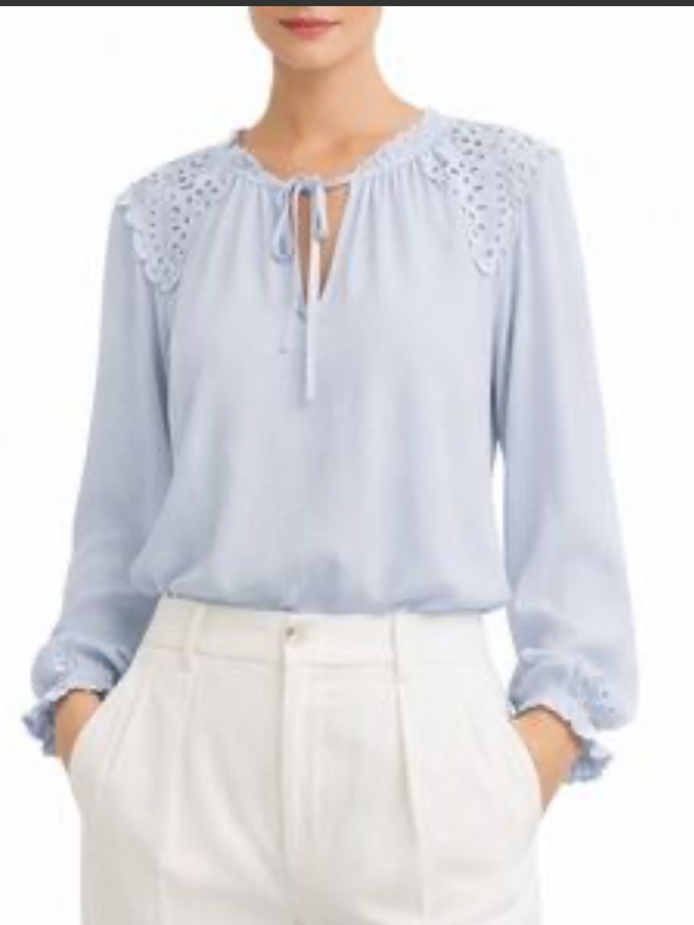 Rachel Zoe Pale Blue Eyelet Yoke Long Sleeve Blouse